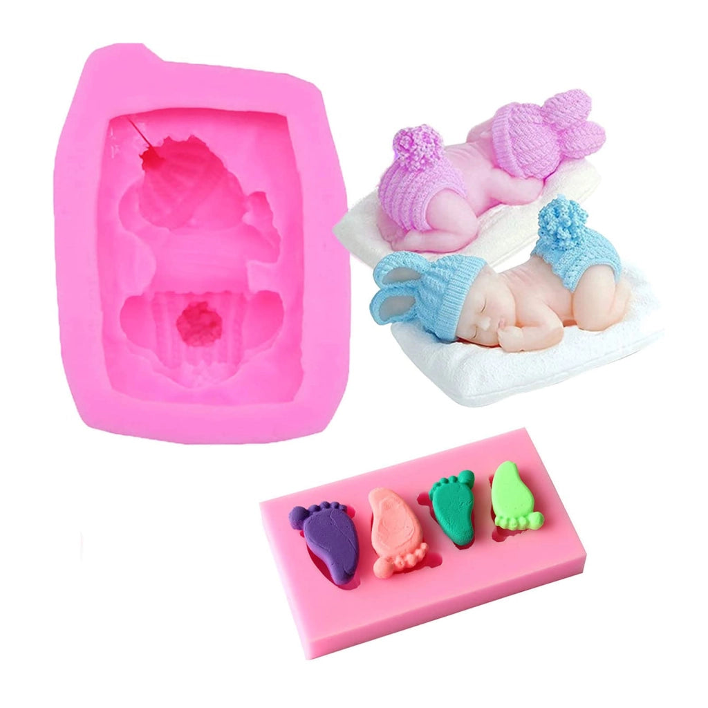 Stampi in silicone a forma di impronta di neonato e di piede, 2 pezzi, rosa, per torte