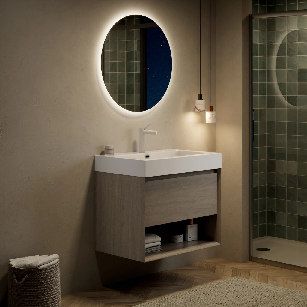 Mobile bagno con lavabo integrato in resina cassetto e ripiano aperto rovere chiaro bianco premontato