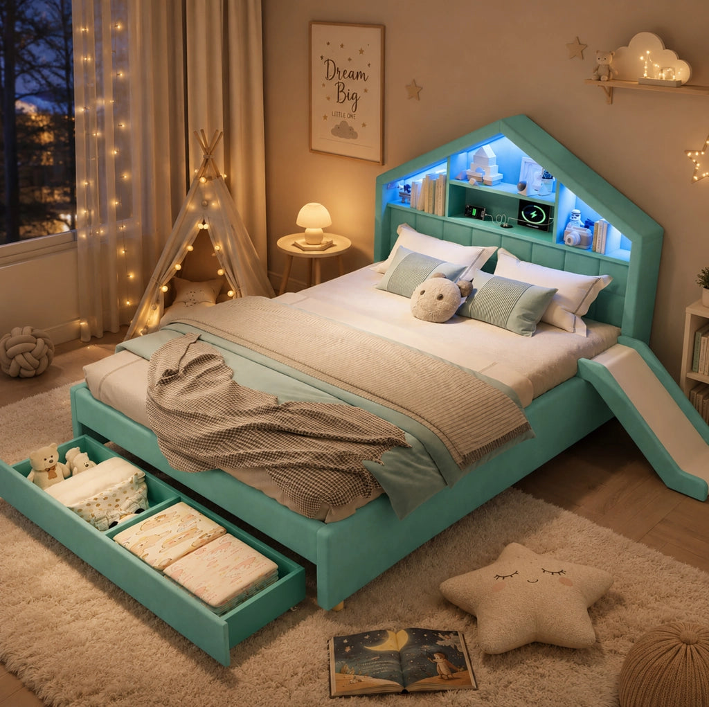 Letto per bambini 140 x 200 cm in velluto blu e verde con scivolo e contenitore
