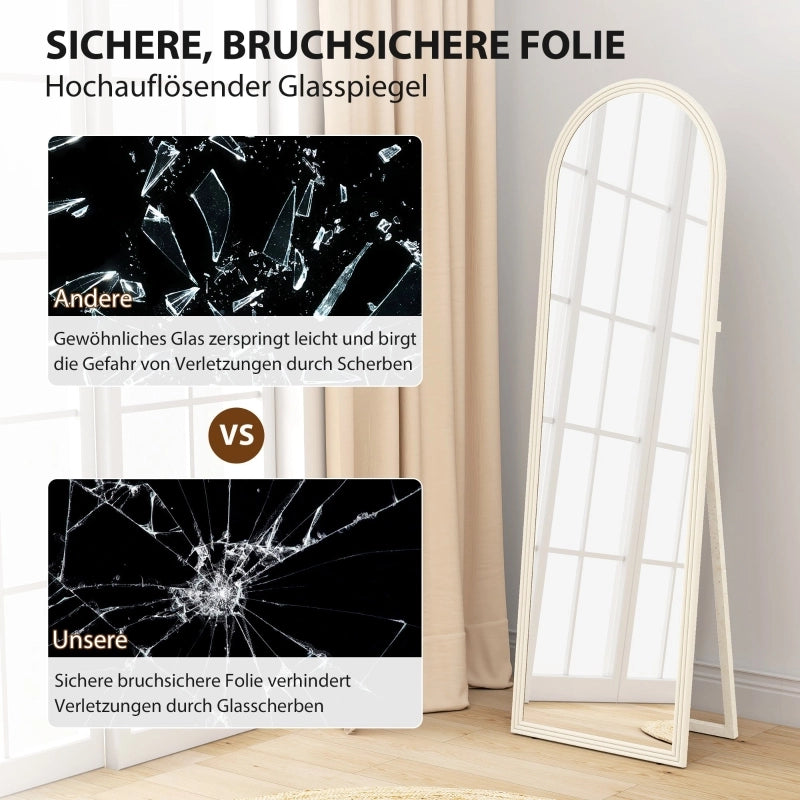 Specchio da terra a figura intera con supporto pieghevole e ganci da parete; cornice bianca ad arco 50 × 3.7 × 160 cm