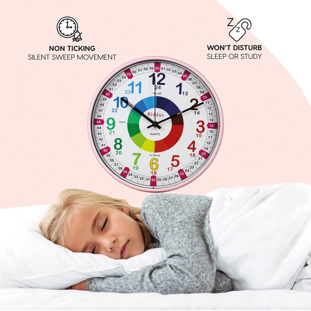 Orologio da parete per bambini, orologio analogico per imparare l'ora, formato XL, rosa, silenzioso