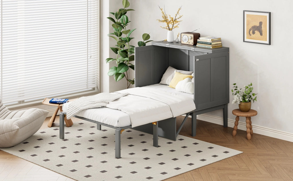Letto a scomparsa verticale 90x200 cm con rete a doghe, colore grigio, risparmio spazio per camere singole
