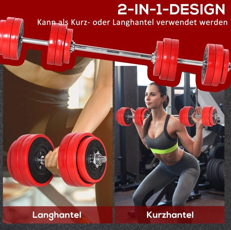 MANUBRI Set 2 in 1 da 30 kg con bilanciere, plastica PP, rosso e nero
