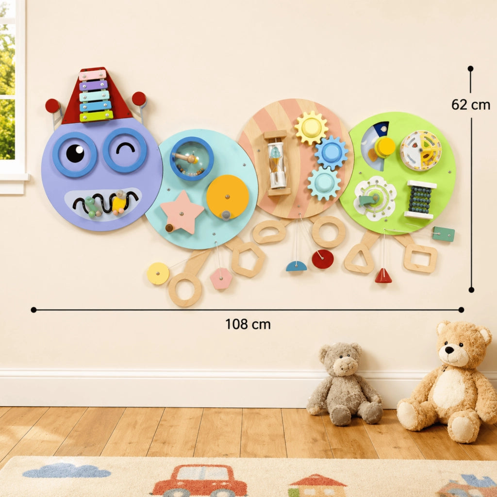Pannello Montessori da parete 7 in 1 a forma di bruco, 108 cm