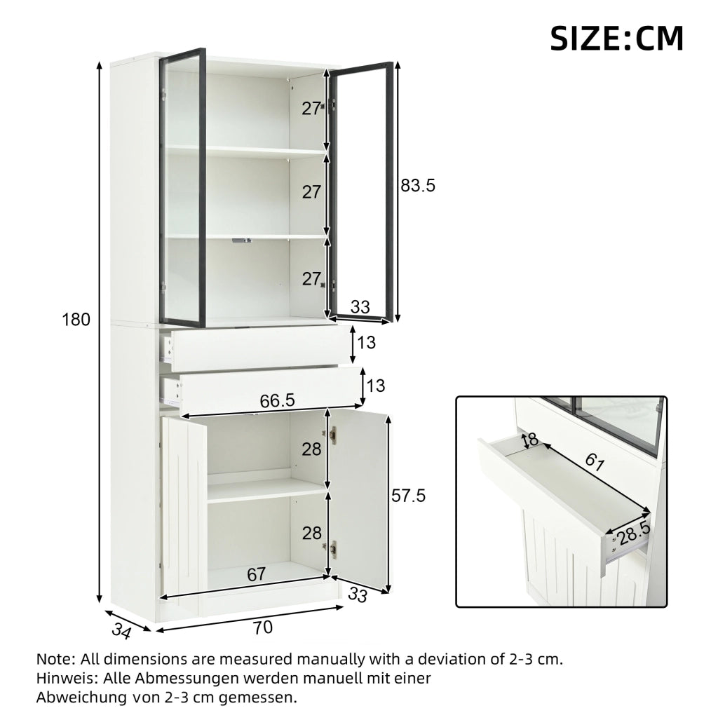 Vetrina alta 70x34x180 cm con LED Bluetooth; 4 ante e 2 cassetti in truciolare bianco