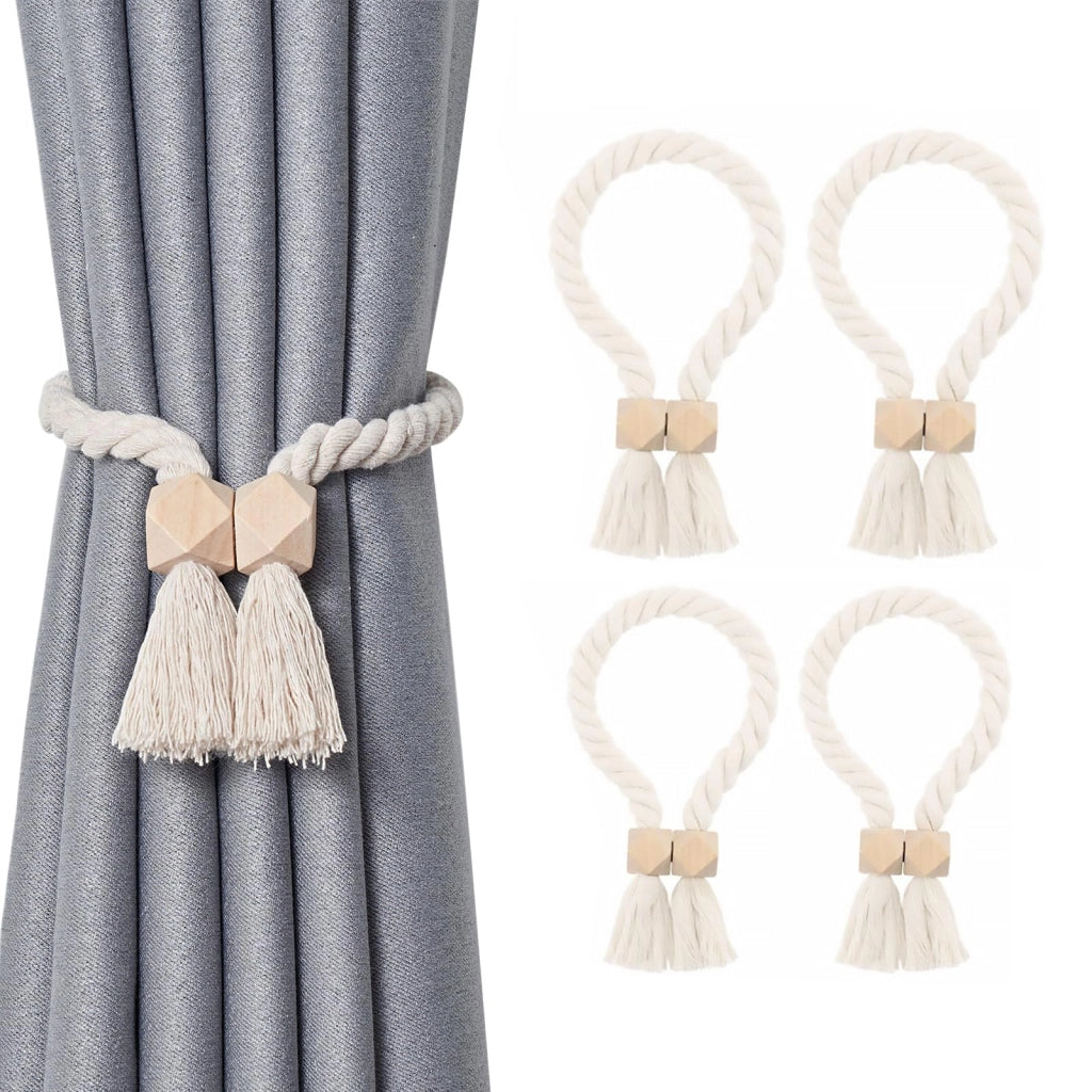 4 supporti per tende magnetici, realizzati in cotone e legno, color beige