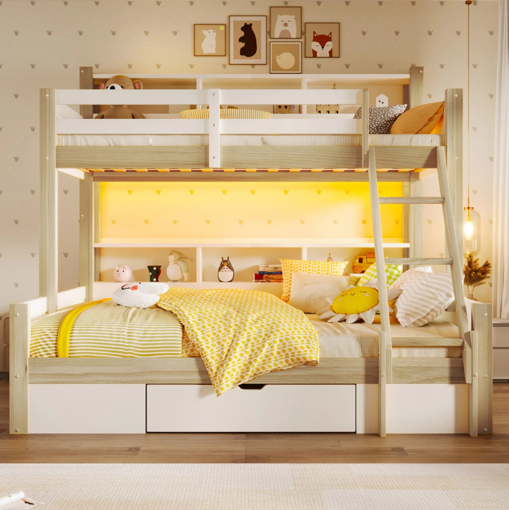 Letto a castello in legno massello 90x200 cm + 140x200 cm con scale, sponde, cassetto e luci LED, bianco e naturale, senza materasso