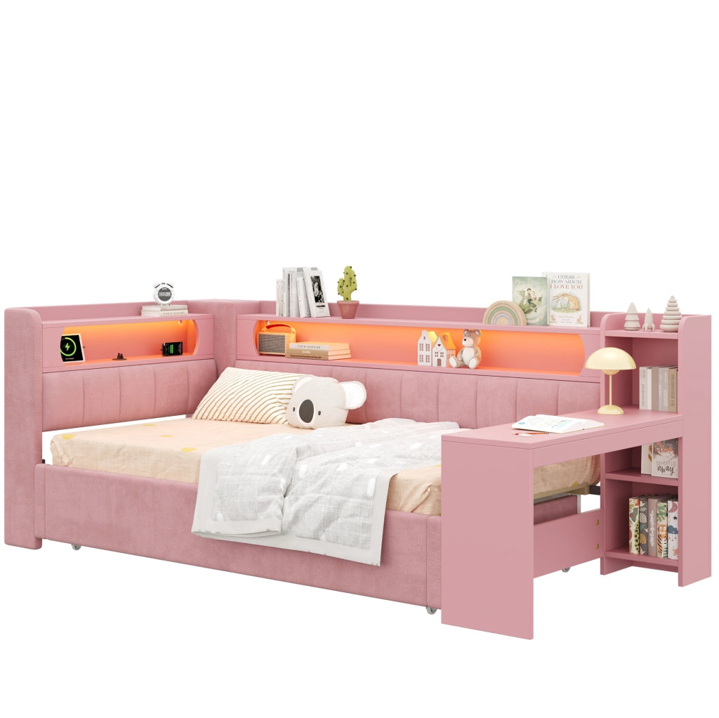 Letto imbottito rosa estensibile con scrivania, luci LED e prese USB
