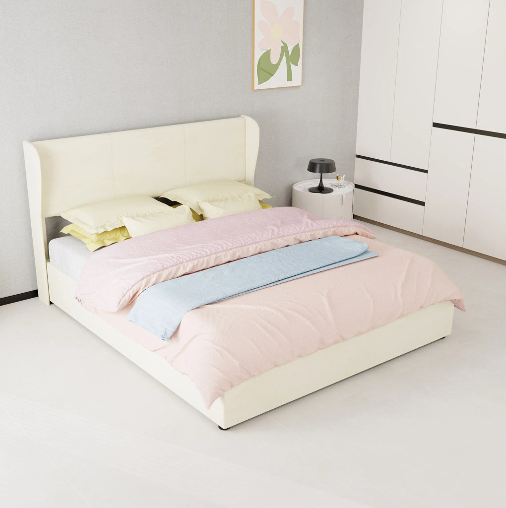 Letto Imbottito Moderno 160x200 cm Beige con Contenitore e Meccanismo a Gas, Testata Morbida e Design Minimalista