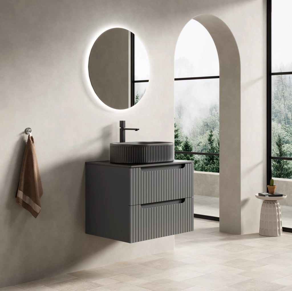 Mobile lavabo sospeso 60 cm nero e grigio scuro, lavabo ovale, 2 cassetti