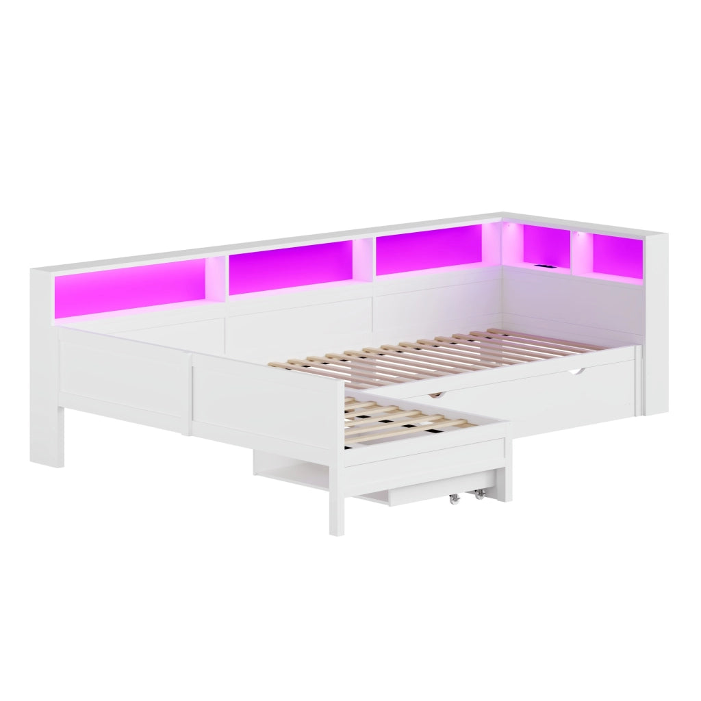 Letto singolo a piattaforma 90 × 200 cm a L con letto estraibile in MDF e compensato bianco con cassetto LED e ricarica