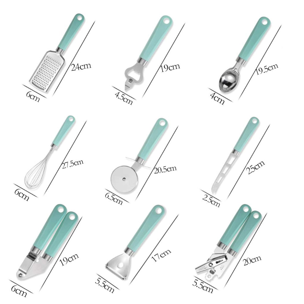 Set di 9 utensili da cucina in acciaio inossidabile, color verde chiaro