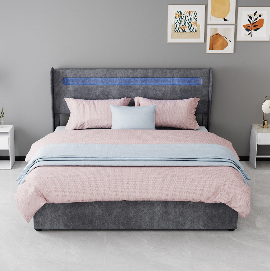 Letto imbottito grigio 160 x 200 cm con illuminazione regolabile