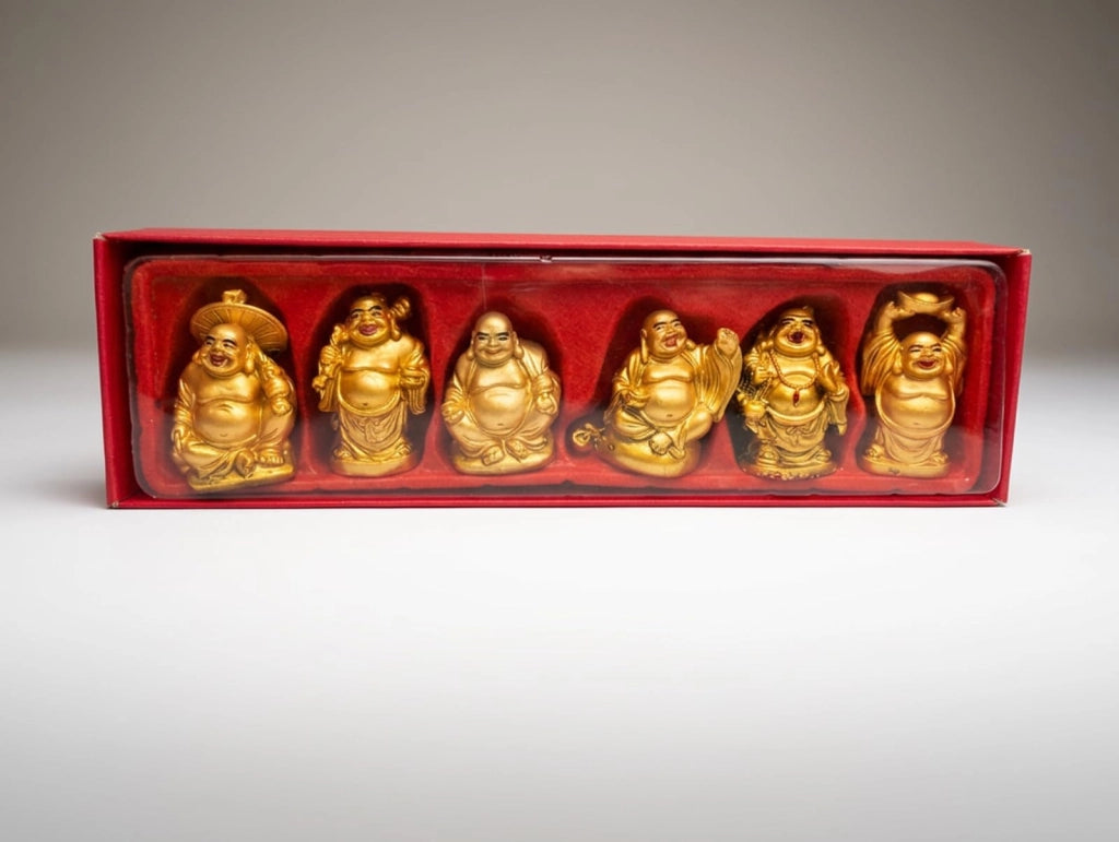Set di 6 piccole statuette dorate di Buddha sorridente, realizzate in resina