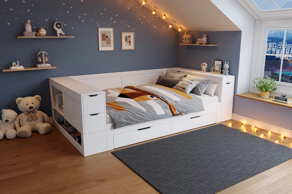 Letto singolo in MDF bianco 140x190 cm con contenitore e cassetti, struttura robusta, senza materasso