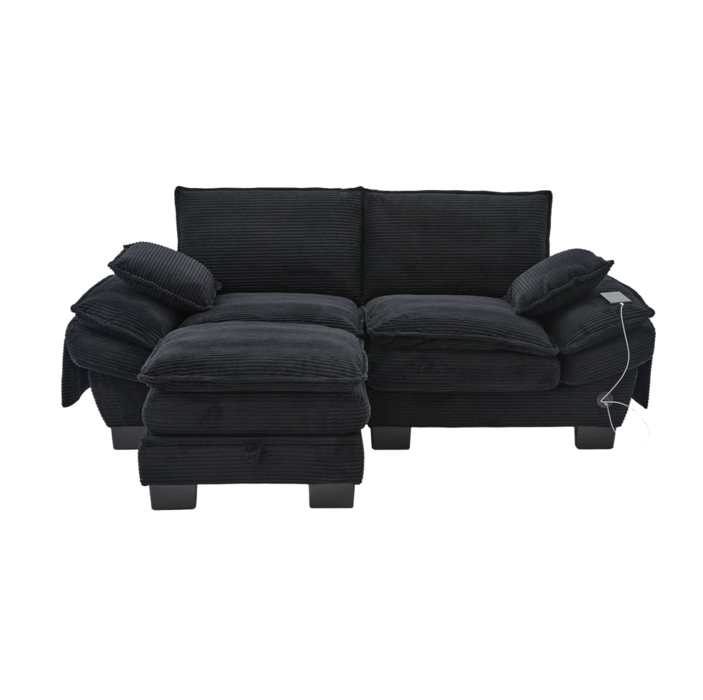 Divano 2 posti 190x132x84 cm con pouf contenitore, cuscini inclusi, USB-C e tasche laterali in tessuto a coste nero