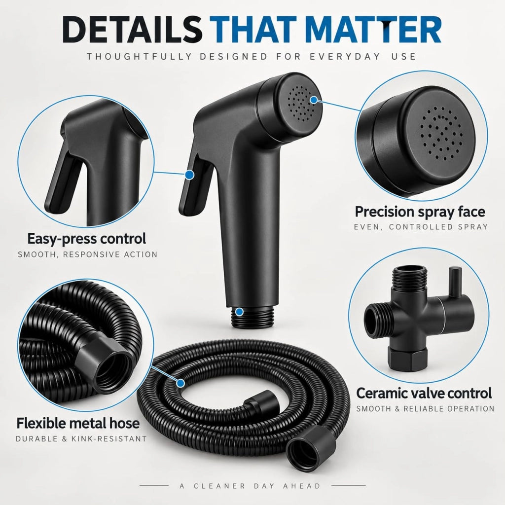 Set di pistola a spruzzo nera con convertitore d'acqua da 1/2, tubo flessibile e bidet per montaggio WC