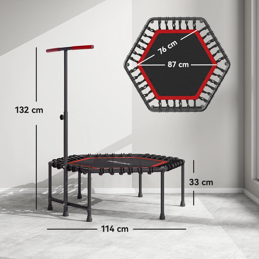Trampolino fitness 114 cm con maniglia regolabile a 3 altezze e corde elastiche, trampolino elastico silenzioso da interno, rosso