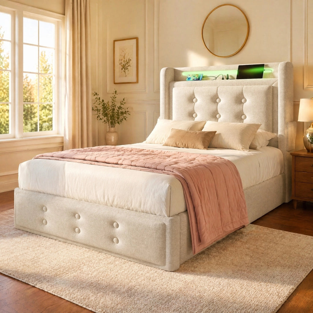 Letto singolo 90 ¡Á 200 cm imbottito con porte USB e USB Type-C testiera a pannelli rivestito in lino grigio
