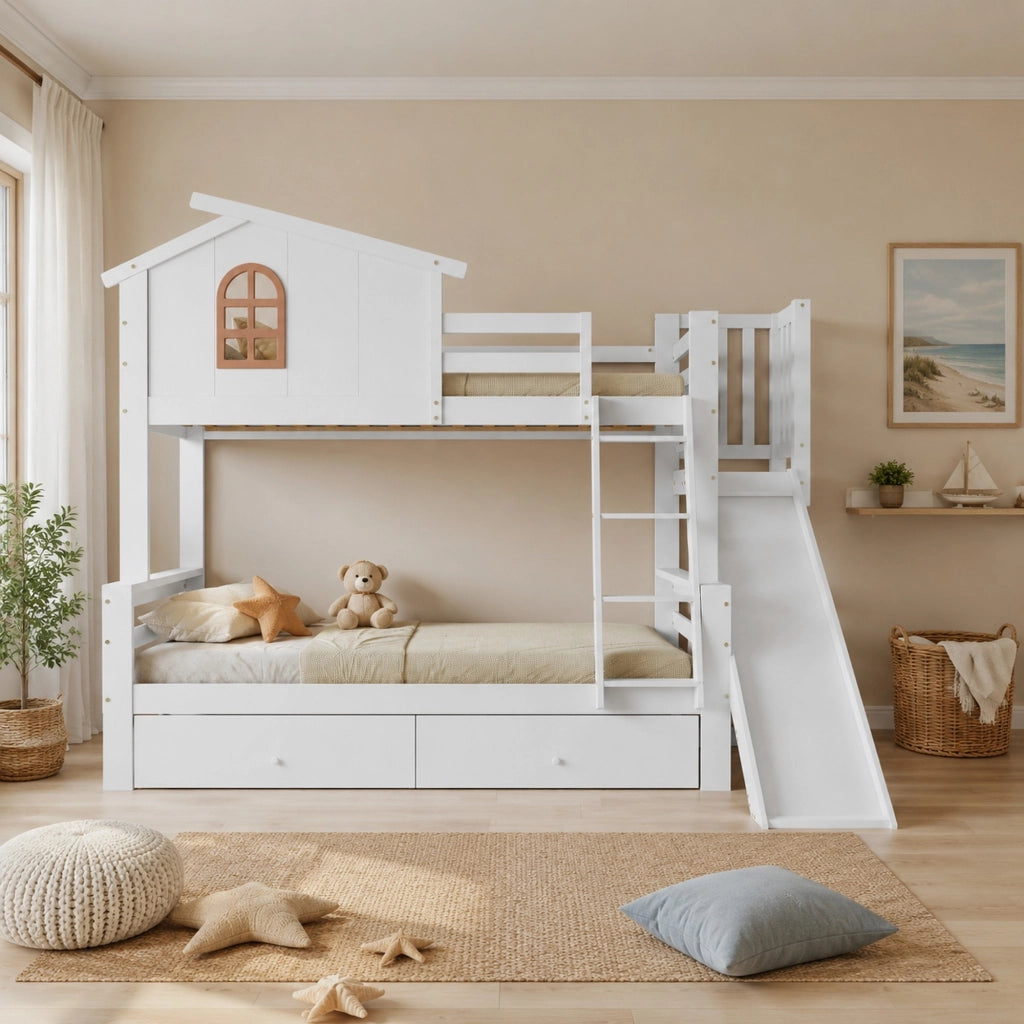 Letto contenitore per bambini 90x200+120x200 cm con scivolo, scala e rete a doghe in legno di pino bianco, senza materasso