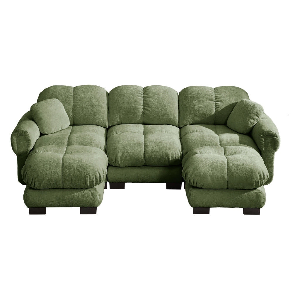 Divano a U 3 posti 260x149x90 cm in ciniglia verde, ottomana mobile e 2 cuscini