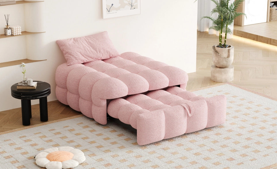 Letto singolo imbottito 2-in-1 con pouf estraibile, divano letto in bouclé rosa, 183x76x42 cm