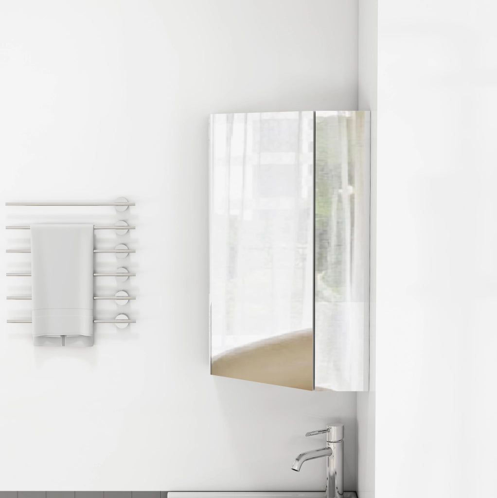 Mobiletto Specchio Angolare da Parete Bianco con Tre Specchi e Mensole Integrate, Pronto per il Montaggio