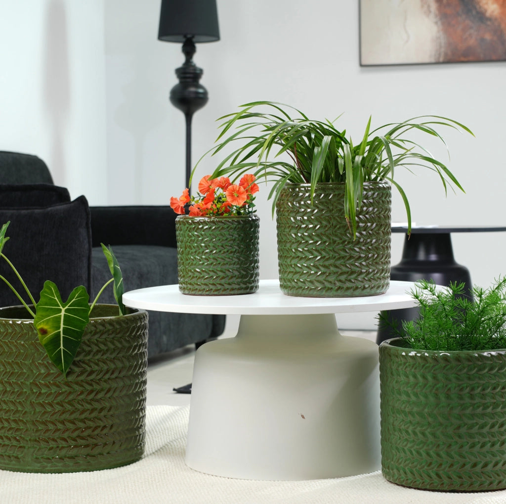 Vaso per piante in ceramica verde oliva lucido con motivo a spina di pesce
