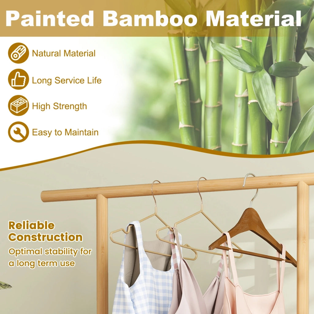 Stand appendiabiti in bambù naturale con cesto in rattan PE 60L e 4 ruote carrello guardaroba salvaspazio robusto per casa