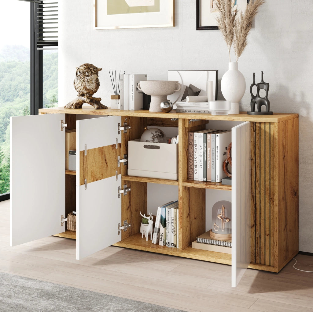 Credenza moderna a 3 ante bianca e color legno naturale, 140 x 35 x 71 cm