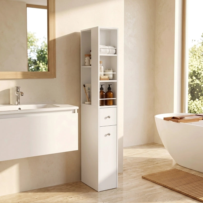 Mobile bagno alto compatto 135 cm in MDF laccato bianco con 2 cassetti, 2 mensole laterali e 3 scomparti
