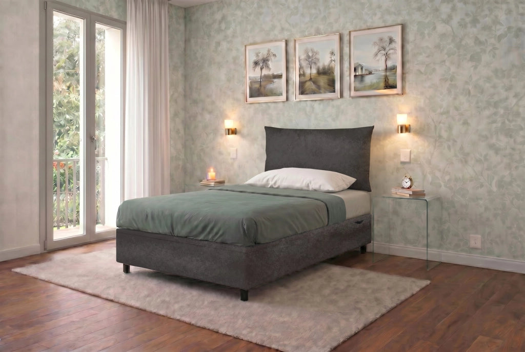 Letto Singolo Contenitore Imbottito 80x190 cm Microfibra Grigio BoxMax Testata Soft