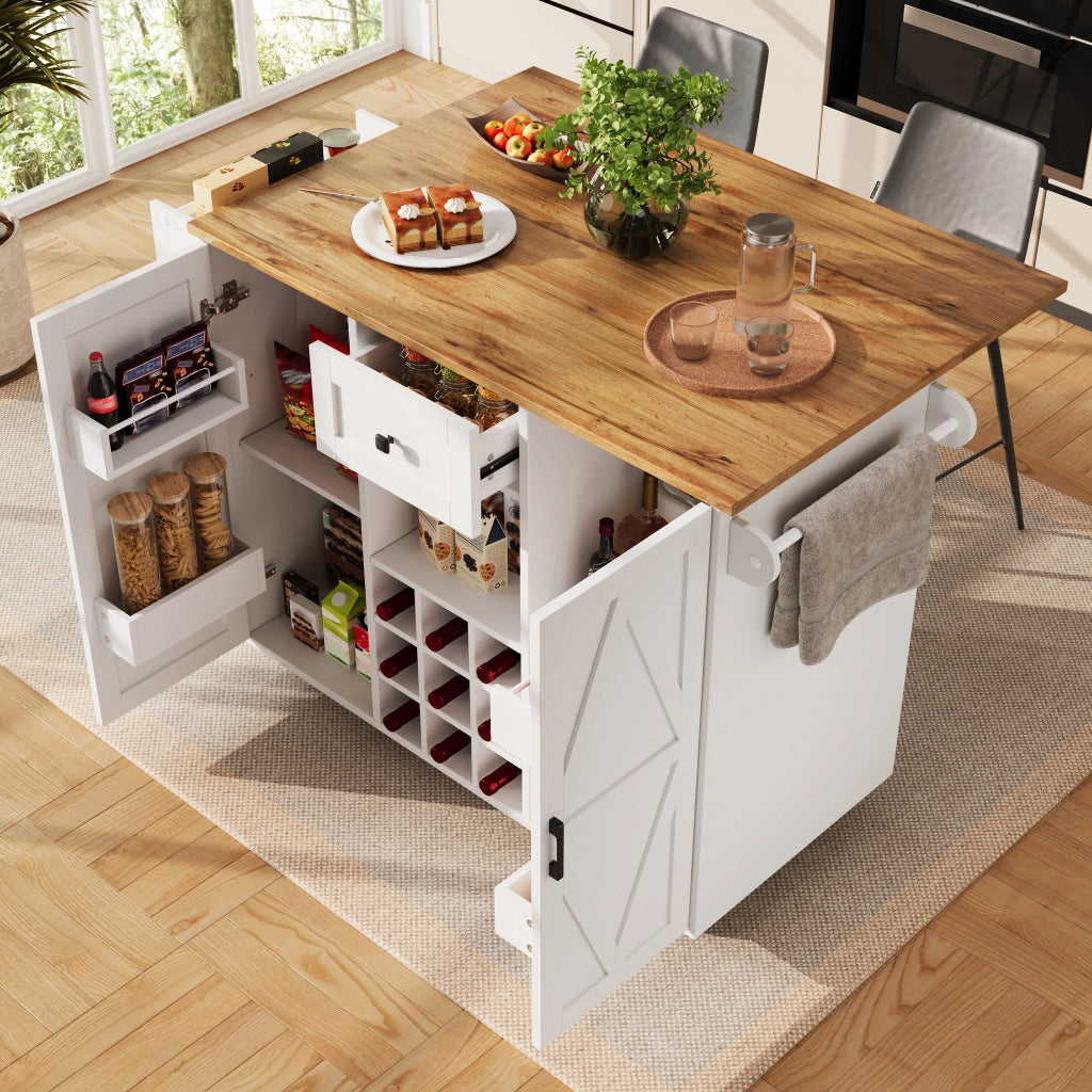 Isola da cucina con piano pieghevole ruote e armadio a due ante in MDF bianco con cassetto e ripiani regolabili