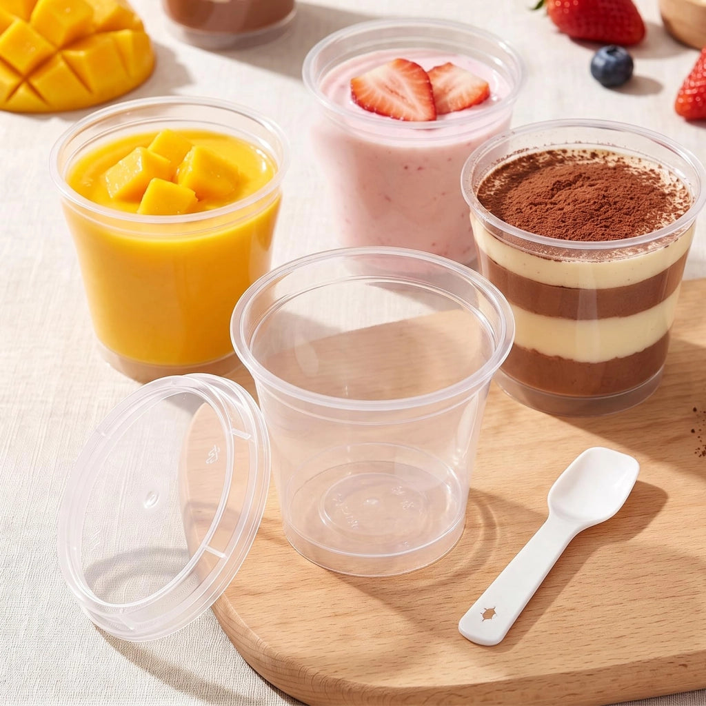 50 bicchieri di plastica per dessert da 180 ml, con coperchio, trasparenti