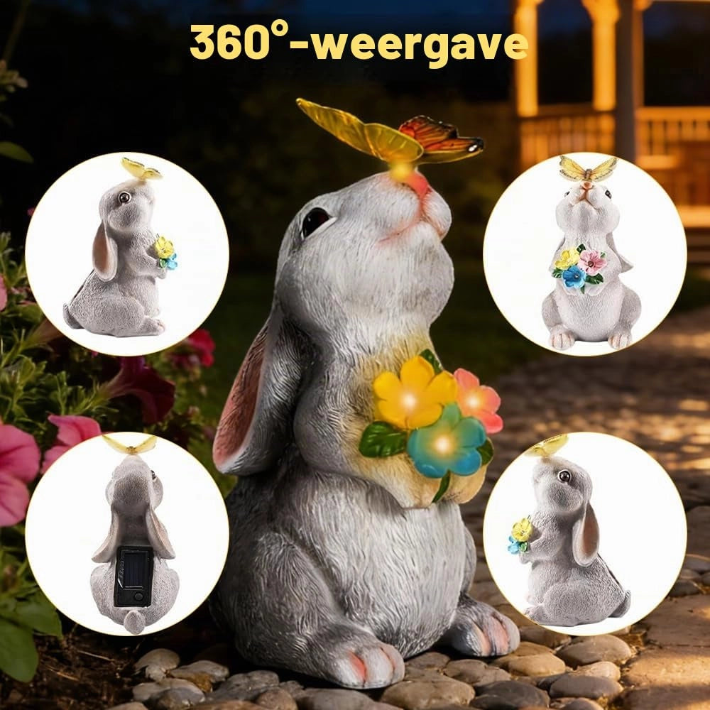 Statuetta solare coniglio con farfalla e illuminazione LED a 7 colori, 22,5 cm, per giardino, balcone, laghetto e prato
