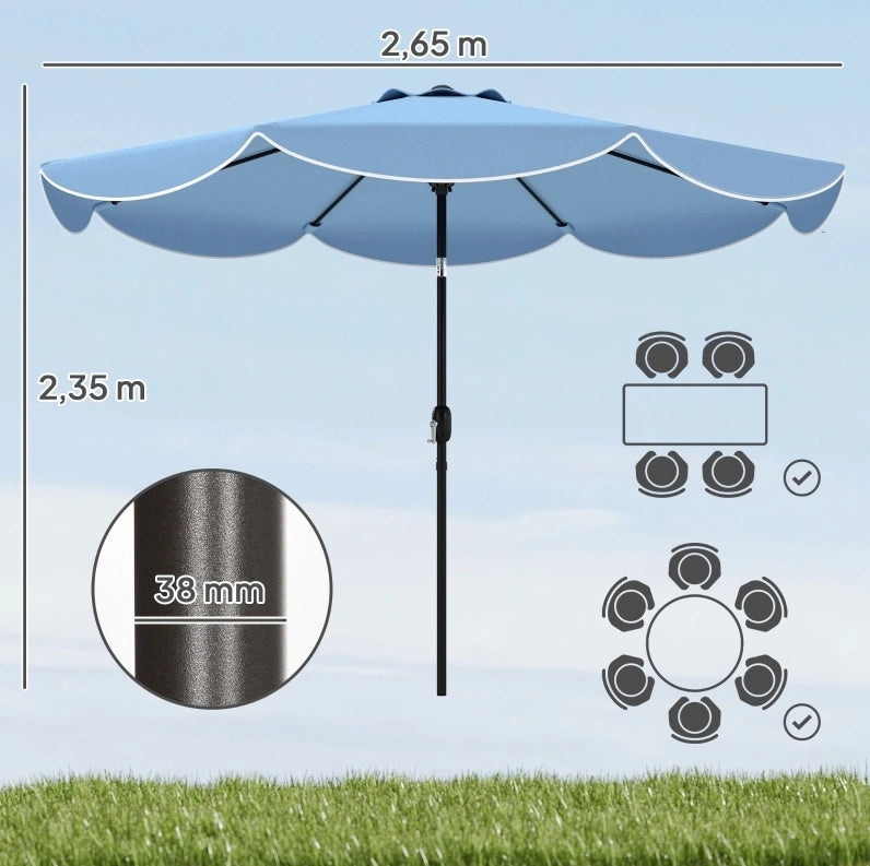 Ombrellone rotondo azzurro Ø 265 cm con mantovana e inclinazione