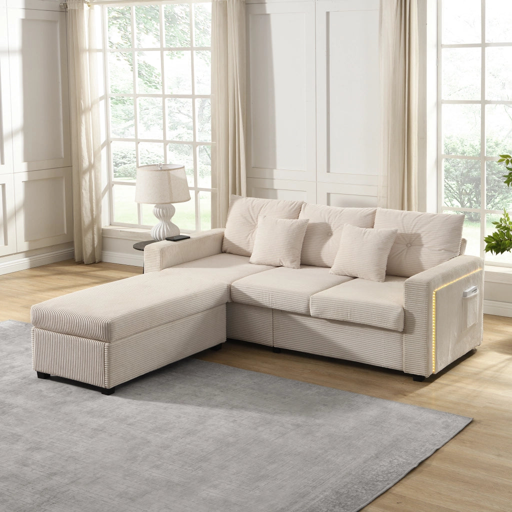 Divano 3 posti con pouf 98x51 cm e LED controllabili tramite app; modulare a L; velluto a coste beige