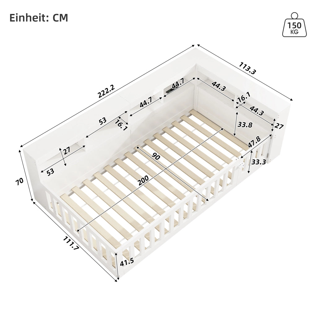 Letto singolo a divano 90 × 200 cm con rete a doghe in pannelli di particelle e MDF bianco con prese e porte USB