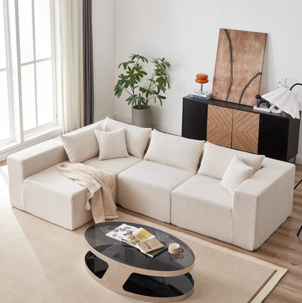 Divano modulare a L in velluto a coste beige, 264 x 167 x 71 cm