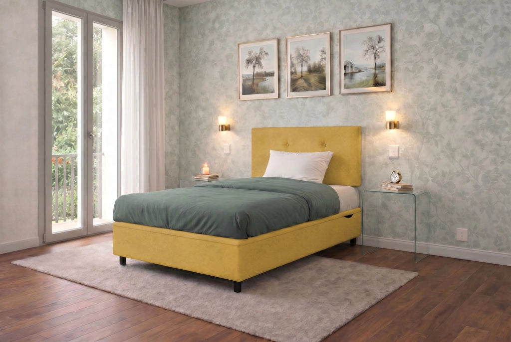 Letto Singolo Contenitore Imbottito 80x200 cm Microfibra Ocra BoxMax Testata Button