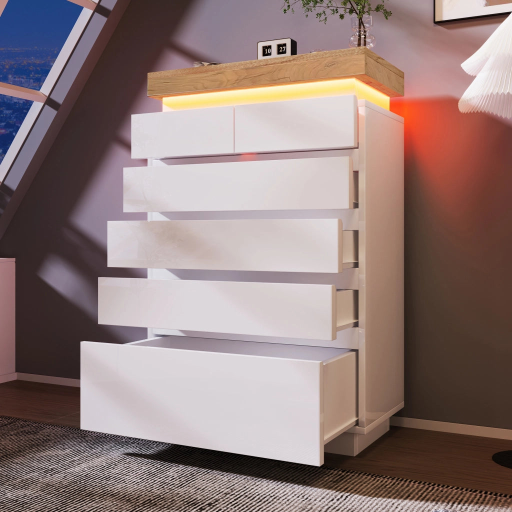 Credenza con 6 cassetti e illuminazione LED controllabile tramite app; 73x39x115 cm; bianco lucido