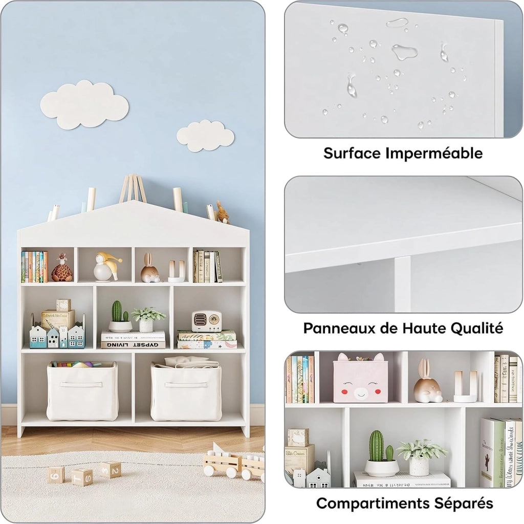 Libreria a forma di casetta per bambini; ideale per giocattoli e libri.