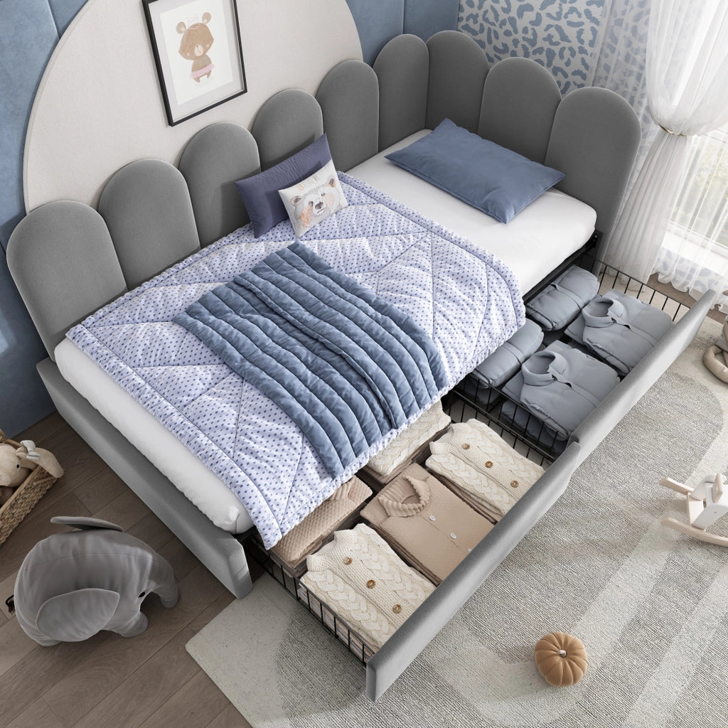 Letto singolo imbottito con 2 cassetti 90x190 cm in velluto grigio