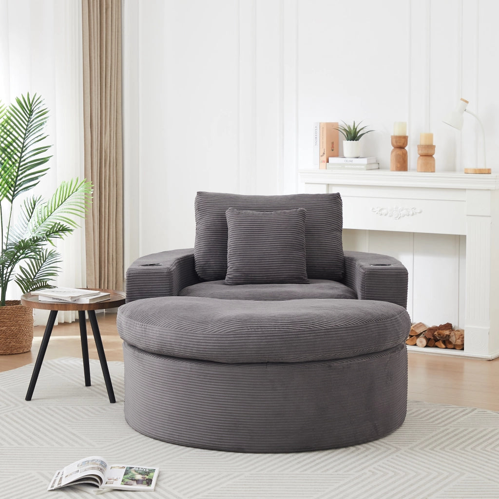 Poltrona rotonda grande con poggiapiedi; 156 × 136 × 88 cm; rivestimento in velluto a coste grigio per soggiorno
