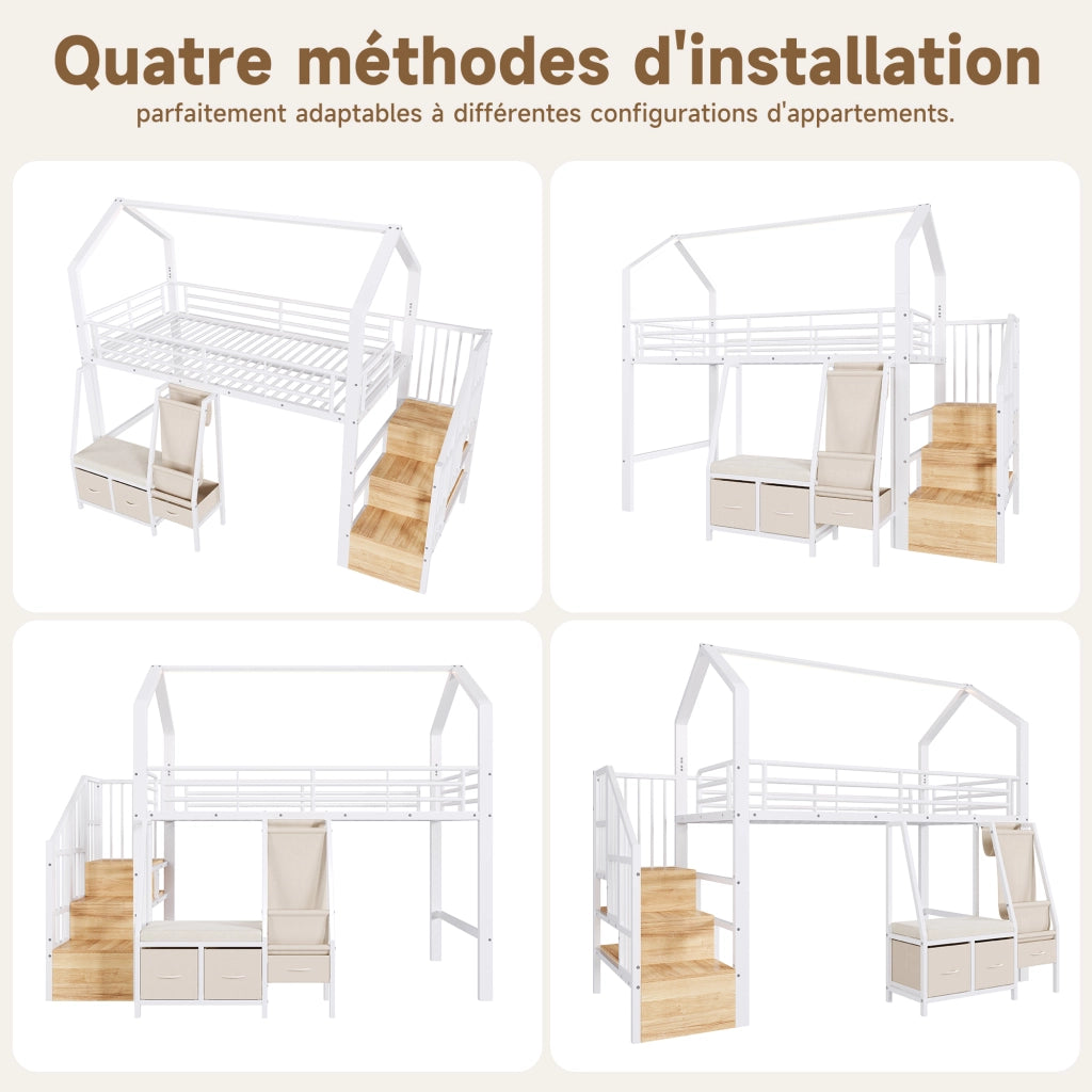 Letto a Soppalco 90x200 con Cassetti; Rangement Integrato; LED; Sponde di Sicurezza LEMONMAX Salvaspazio per Camera Bambini