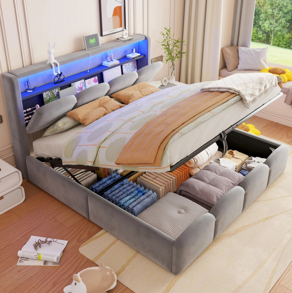 Letto imbottito 140 x 200 cm grigio con contenitore, LED e USB