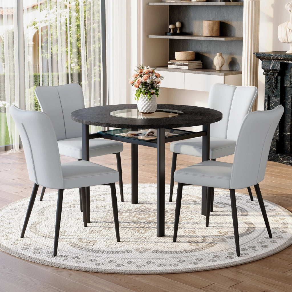 Set tavolo da pranzo rotondo con sedie in PU grigio chiaro piano in MDF e vetro gambe in metallo nero