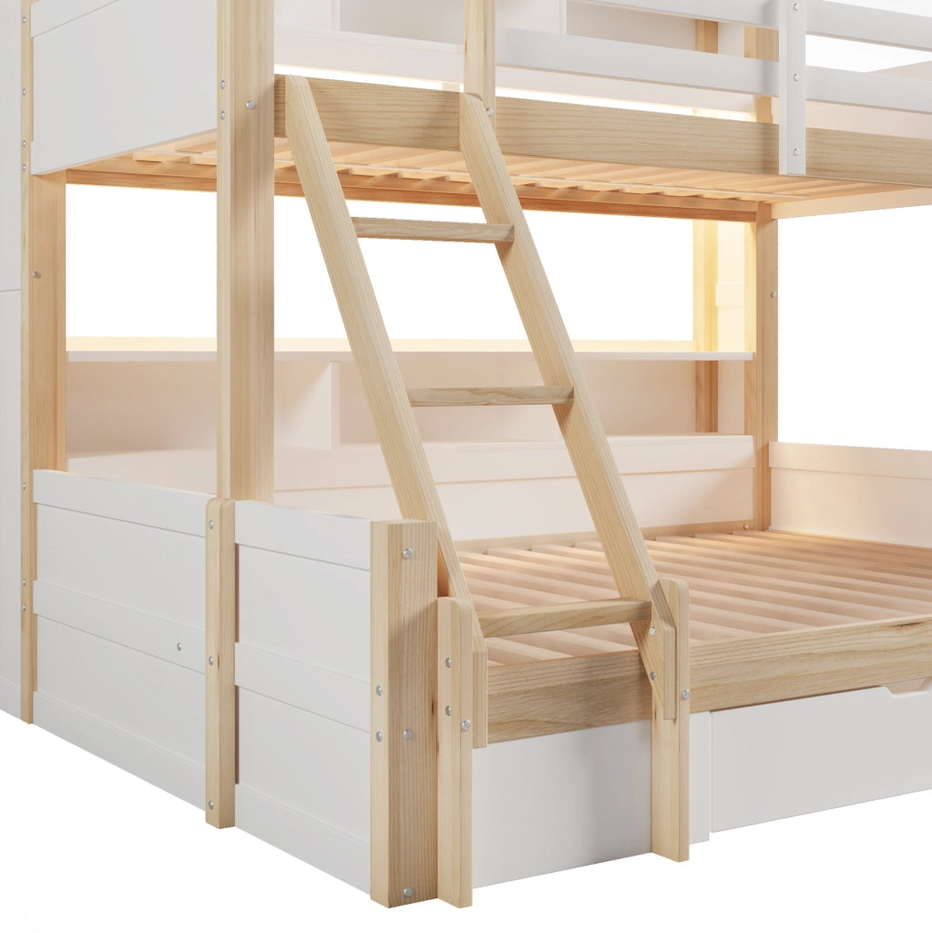 Letto a castello in legno massello 90x200 cm + 140x200 cm con scale, sponde, cassetto e luci LED, bianco e naturale, senza materasso