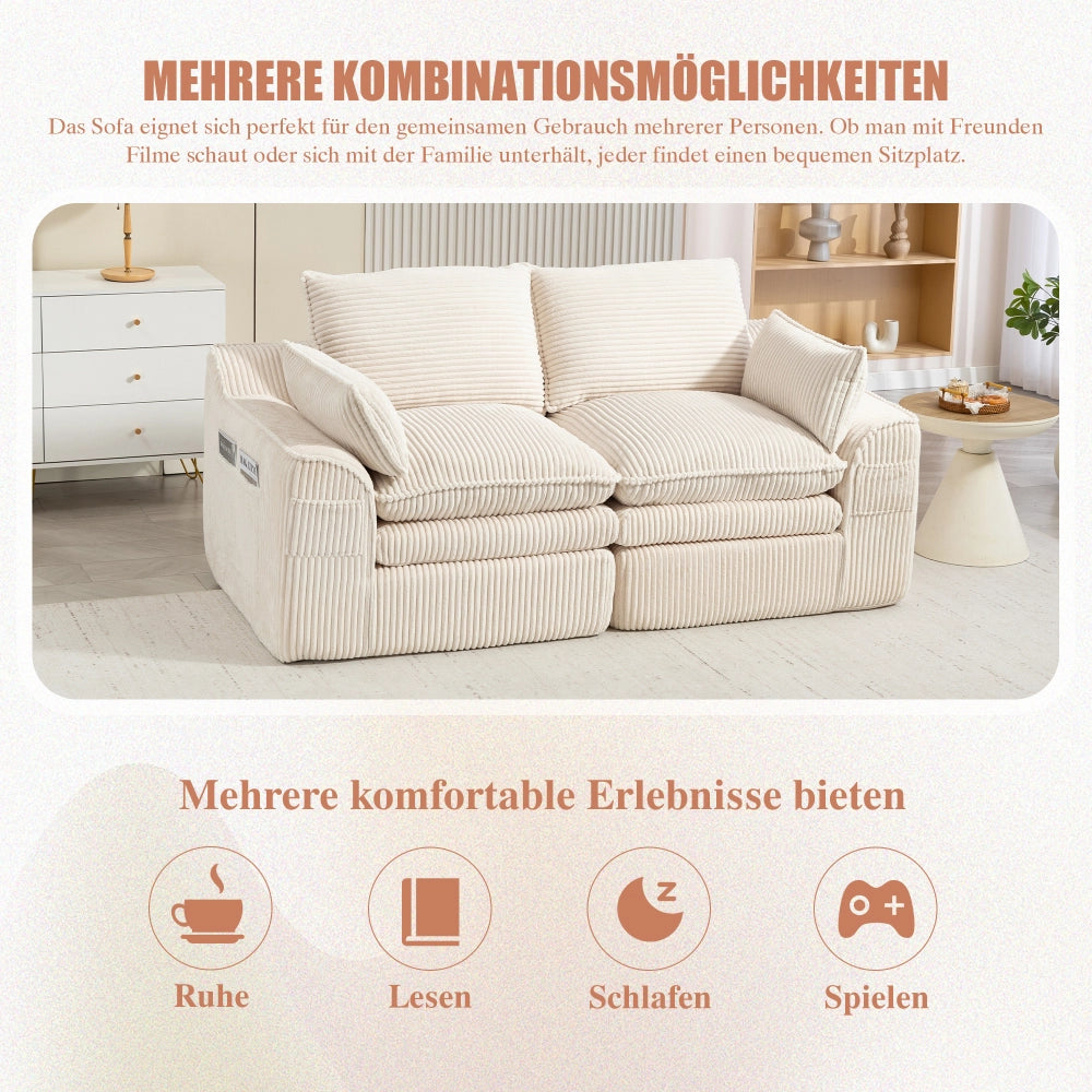 Divano 2 posti modulare in velluto a coste beige con cuscini e tasche laterali per casa e soggiorno 191*94*85cm