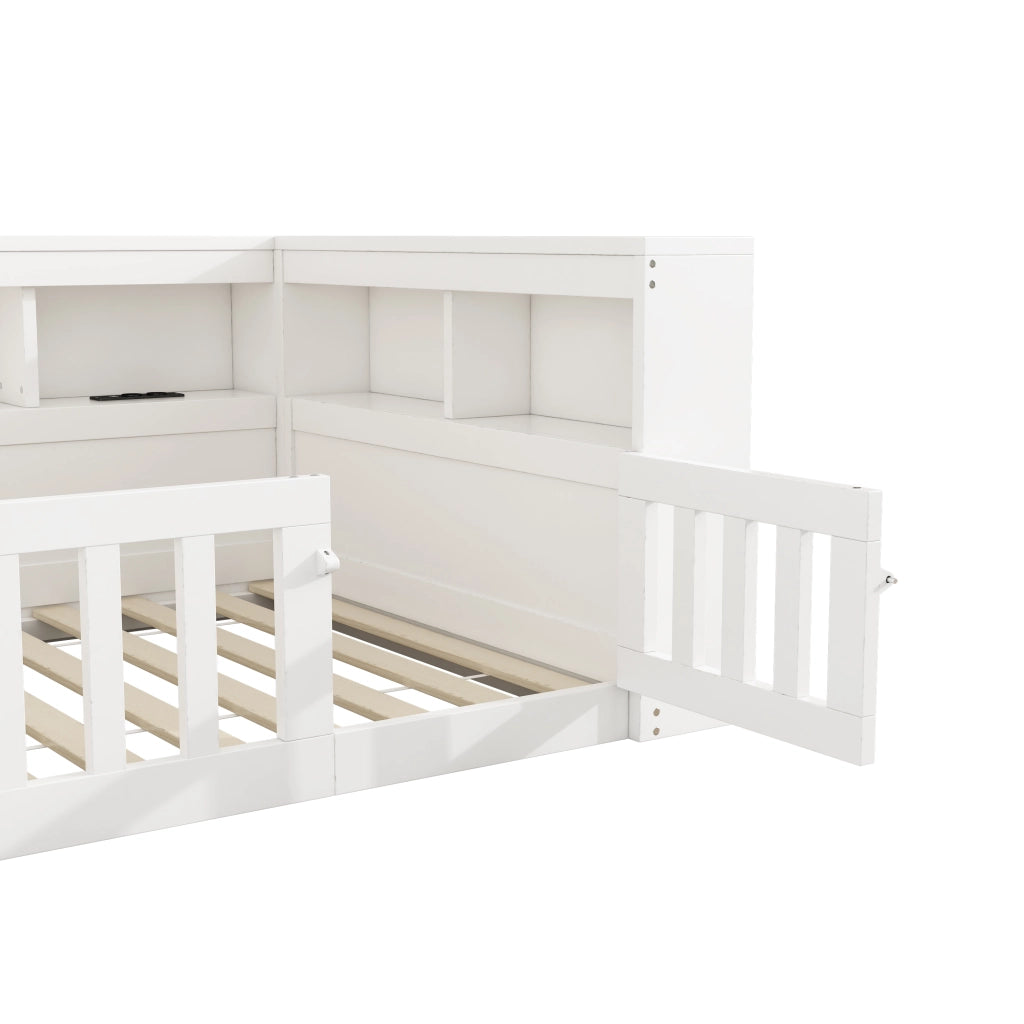 Letto singolo a divano 90 × 200 cm con rete a doghe in pannelli di particelle e MDF bianco con prese e porte USB
